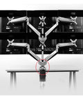 Full Motion Desk Clamp Monitor Arm With Hella Smooth Gas Spring swivels multiple displays, showcasing robust clamp mount on desk.