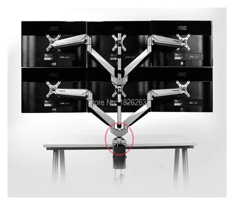Full Motion Desk Clamp Monitor Arm With Hella Smooth Gas Spring swivels multiple displays, showcasing robust clamp mount on desk.