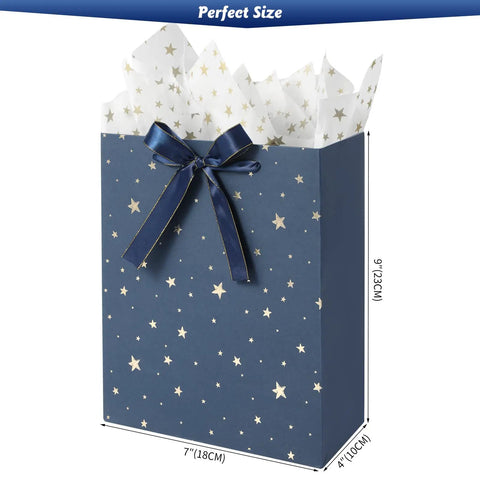 Four Pack 9 Inch Gift Bags In Premium Blue With Tissue Paper Medium Size 7x4x9 Inches Great For Birthdays Baby Showers Weddings