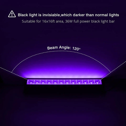 Black light with invisible effect, 16x16ft coverage, 36W power, 120-degree beam angle, purple illumination