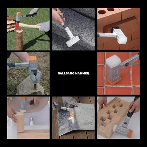 Collage demonstrating All In One Ball Pang Hammer with changeable heads and fiberglass handle on various materials.