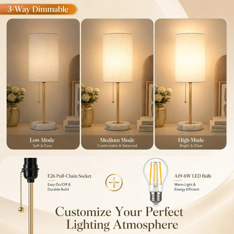 Gold Table Lamps Set Of 2 For Bedside And Living Room With Marble Bases Linen Shade Pull Chain 3 Way Dimmable Nightstand Lamps 18.5 Inch Tall Slim Desk Style Bulbs Included shown in three lighting modes.