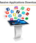 Top Notch 43 Inch Interactive Touch Screen Kiosk With Slick 10 Point Capacitive Panel For No Hassle Indoor Digital Signage And Rock Solid Windows Integration Over Full HD LCD displaying app icons on a white stand.