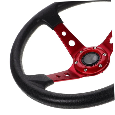 Racing Steering Wheel 14 Inch Aluminum PU Drift Style With Horn Button for car golf cart truck simulator red sporty grip close-up view