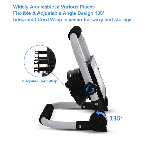 Side view of 3000 Lumen LED Work Light With Adjustable Stand And Switch, showcasing foldable design and integrated cord wrap.