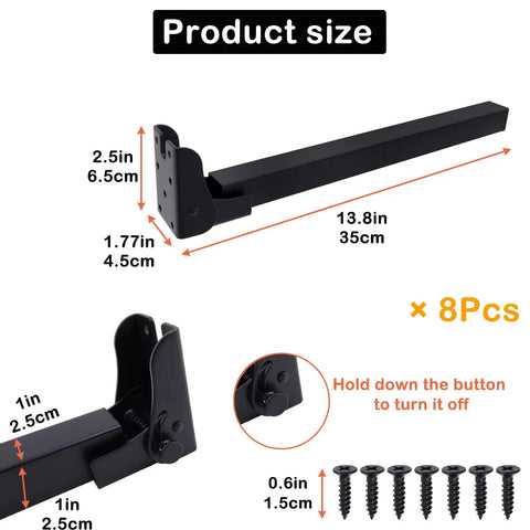 Top Shelf Folding Table Legs 13 8 Inch Rock Solid Metal Collapsible Furniture Stand With Self Locking Design Hassle Free Mounting Kit Matte Black showing dimensions and details.