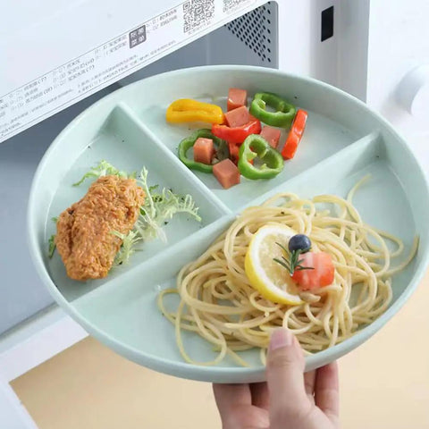 Five Pack 9 Inch Unbreakable Portion Control Plates With Three Compartments Reusable BPA Free Dinner Plates holding meal