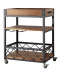 Three Tier Solid Pine and Steel Kitchen Cart with Built In Bottle Rack Industrial Vintage Rolling Utility Shelf Heavy Duty No Nonsense Roomside Storage Organizer side view with wood top and metal frame.