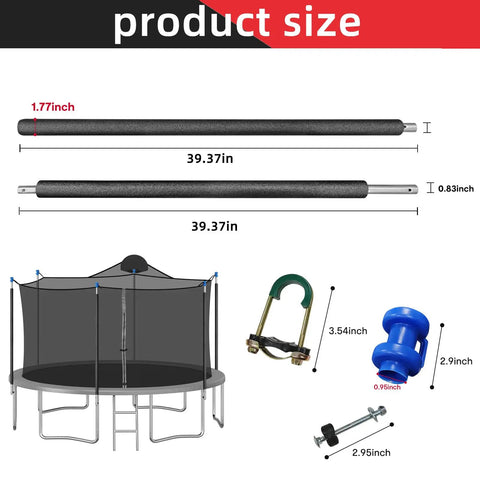 Complete Six Piece Trampoline Replacement Enclosure Poles With Thick Foam Sleeves And Secure Caps For Straight Frame Nets To Upgrade Your Backyard Rig With Absolutely Zero Hassle, shown with dimensions.