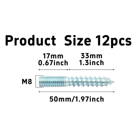 Heavy Duty M8 X 50mm Double Headed Hanger Bolts 12 Pieces Zinc Plated Carbon Steel Shoulder Screws displayed with measurements.