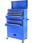 Built Tight Eight Drawer Rolling Tool Chest With Fully Lined Drawers And Locking Base Cabinet For No Mess Garages And Heavy Duty Shop Rigs In True Blue, open drawers, ergonomic design.