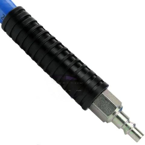 Heavy Duty Compressed Air Piping Connectors Fit For Workshop Featuring Anti Marring Steel Inner Construction Brass Ends For Smooth Up To 300 PSI Flexibility Rock Solid Build Great For Garage Repairs Getting Stuff Done Fast When Needed. black hose end with metal air fitting