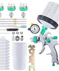 Badass Pneumatic Paint Spray Gun Kits With Slick High Atomization And Heavy Duty No Clean Cups Plus Adjustable Air Pressure Regulator and Shop Ready Spraying Tools In Solid Green Palette with multiple accessories.