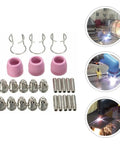 Premium Pl60 Plasma Cutter Torch Consumables Kit includes 10 durable nozzles and electrodes with pink ceramic parts and metal holders.