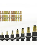Rivet Nut Tool Kit M3 To M12 Set, 7-Piece Carbon Steel Threaded Insert Setter For Blind Rivet Nuts, Versatile Auto Shop And Metalworking Pro Grade Kit For Fast Secure Installations, showing M3-M12 inserts and setters