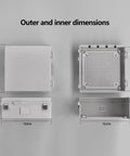 Ventilated Outdoor Electrical Junction Box Built To Last With Cable Grommets And Mounting Plate, Hinged Cover For Easy Access, Indoor And Outdoor Use, IP65 Waterproof, Grey Cover, 13 By 13 By 5.1 Inches shown with dimensions