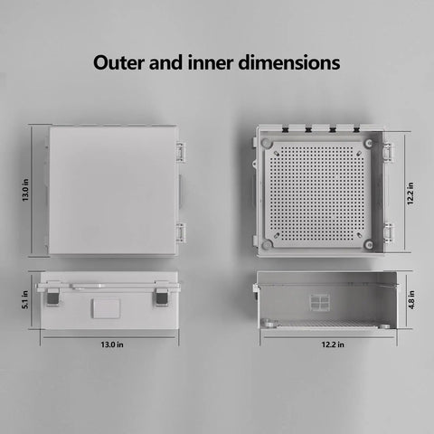 Ventilated Outdoor Electrical Junction Box Built To Last With Cable Grommets And Mounting Plate, Hinged Cover For Easy Access, Indoor And Outdoor Use, IP65 Waterproof, Grey Cover, 13 By 13 By 5.1 Inches shown with dimensions
