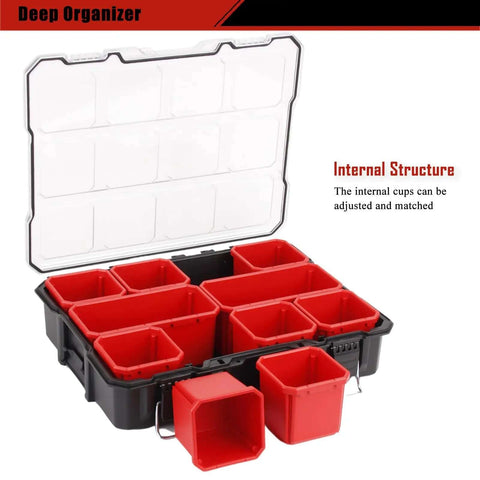 Deep Tool Box Organizer For Small Parts, Heavy Duty Storage Chest With Removable Inner Cups, 17.3 By 14 By 4.2 Inches, open lid view
