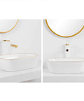 Slick Rectangular Vessel Sink For Above Counter Bathroom Vanity Heavy Duty Ceramic Basin With Stain Proof Surface and Dead Simple Cleanup For Modern Master Bath Setup, viewed with round mirror and faucet.