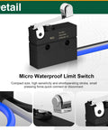 Waterproof Micro Limit Switch Kit with SPDT 1NO 1NC, IP67 sealed roller lever arm, compact design, visible wire, for automation systems.