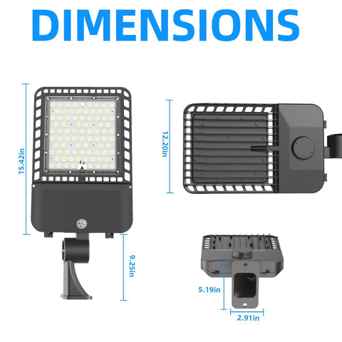 Dimensions of 300W LED Parking Lot Light Shoebox With Dusk To Dawn Photocell, 5000K Daylight, showing various angles and sizes