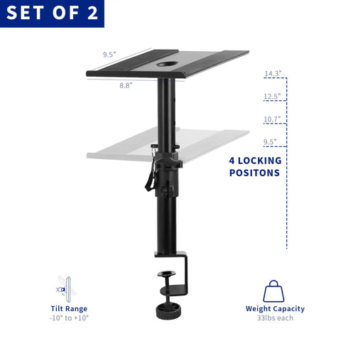 Clamp-On Speaker Stand Desk Mount Set Two-Pack With Adjustable Height And Tilt Universal 9.5x8.8 Platforms For Computer And Bookshelf Speakers EVA Padding Cuts Vibration Heavy-Duty Black, showing dimensions and features.