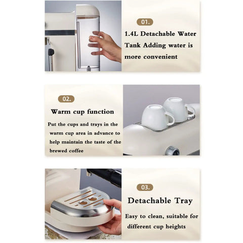 Straight Up Smooth 15 Bar Semi Automatic Espresso Machine With Fast Heat Extraction And Adjustable Milk Frother For Silky Daily Cappuccinos And Creamy Lattes At Home, featuring 1.4L detachable water tank.
