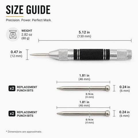 Size guide for 5 Inch Automatic Center Punch With 2 Spare Tips Adjustable Tension Spring Steel Marking Tool dimensions and weights.