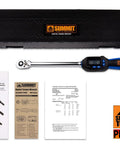 Half Inch Drive Digital Torque Wrench With Five To Ninety Nine Point Five Foot Pounds Range and accessories.