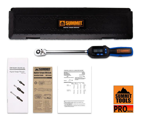 Half Inch Drive Digital Torque Wrench With Five To Ninety Nine Point Five Foot Pounds Range and accessories.