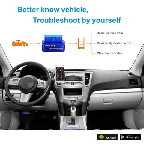 Bluetooth OBD2 Scanner And OBDII Diagnostic Tool Car Code Reader connected to car dashboard with smartphone display