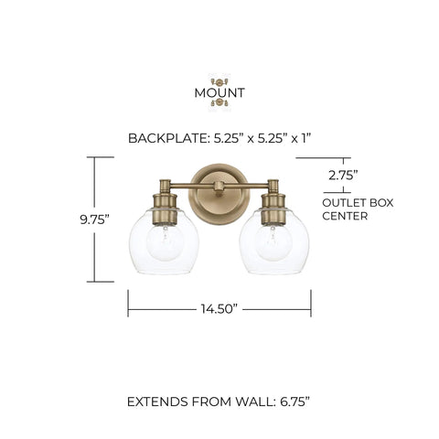 Mid Century Clear Glass Bath Vanity Wall Light Two Light Fixture In Aged Brass, 9.75 Inch High, 14.5 Inch Wide Backplate 5x5