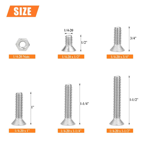 Image of 56-Piece 1/4-20 Countersunk Socket Head Cap Screws and Hex Nuts Kit, showing various screw lengths and nuts.
