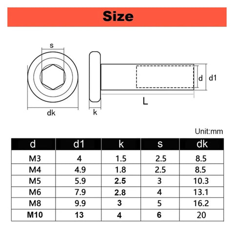 Tough As Nails Hex Head Bind Screws And Barrel Nuts Featuring M3 M4 M5 Threads Molded From Heavy Duty 304 Stainless Steel For Rock Solid Binding And Snappy Nail Rivet Connections Premium Hardware Set size guide with measurements of d, d1, k, s, dk.