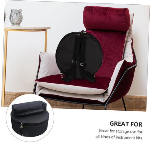 Heavy Duty Adjustable Drum Backpack With Massive Capacity Oxford Fabric Waterproof Gig Bag For Hauling Stick Sets Mallets Snare Drums And Pro Tour Gear on a chair.