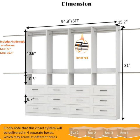Dimensions of Game Changing Modular Walk In Closet Organizer System With Adjustable Hanging Rods And Deep Storage Drawers Freestanding Wardrobe Rack.