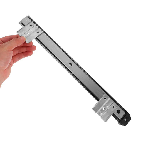 Heavy Duty Keyboard Drawer Slides With Bulletproof 35mm Wide Silver Rail Kit For Slick Office Setup One rail shown in hand.