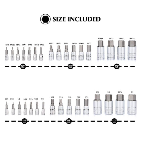 Master Hex Bit Socket Set with quarter, three eighth, and half inch drives aligned by size on white background