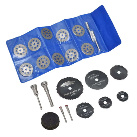 32 Piece Cutting Wheel Set With HSS Circular Saw Blades And Diamond Cutter Wheels Kit displayed with blue storage case