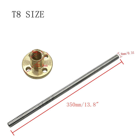 Two Pack 350mm TR8X8 Lead Screws With T8 Brass Nut For 3D Printer Z Axis And CNC Machines Beefy 8mm Diameter Acme Thread