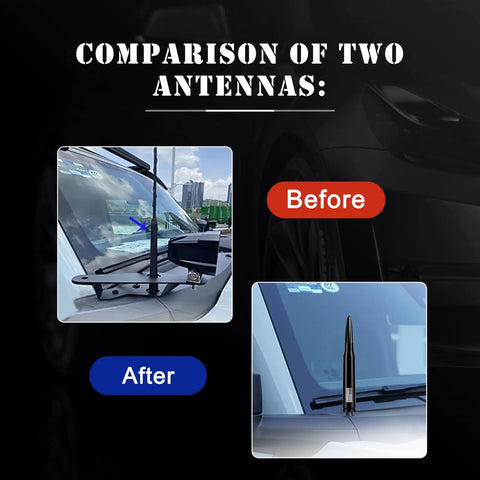 Before and after of bullet antenna for trucks and SUVs aluminum short mast black rugged upgrade fits Chevy Silverado