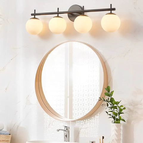 4 Light Vanity Fixture In Black Gold Finish With Milky Frosted Glass Shades, bathroom over mirror setup