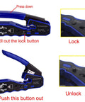 Pro Grade RJ45 Pass Through Crimp Tool Kit With Cat5e Cat6 And Cat6a Compatibility, tool showing lock and unlock features