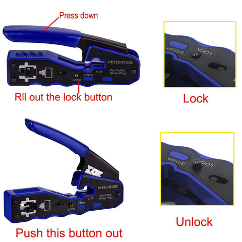 Pro Grade RJ45 Pass Through Crimp Tool Kit With Cat5e Cat6 And Cat6a Compatibility, tool showing lock and unlock features