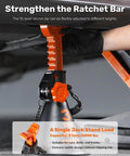 ROADTEK 3-ton jack stand installed under car; orange serrated height bar with black base.