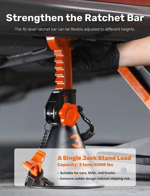 ROADTEK 3-ton jack stand installed under car; orange serrated height bar with black base.