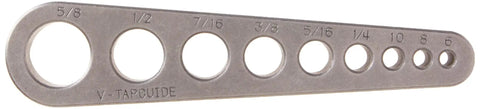 Tap Guide For Standard Sizes 0-80 To 5/8 Inch, 90 Degree V-Groove Bottom For Perpendicular Alignment, silver tool with hole sizes.