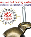 Antique Brass 2 Inch Heavy Duty Furniture Casters 8 Pack Bulk Set With 5/16 By 1-1/2 Inch M8 Grip Neck showcasing smooth rotation
