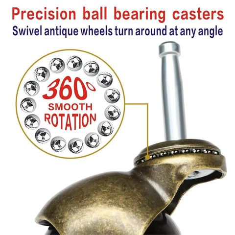 Antique Brass 2 Inch Heavy Duty Furniture Casters 8 Pack Bulk Set With 5/16 By 1-1/2 Inch M8 Grip Neck showcasing smooth rotation