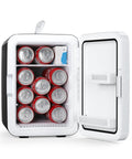 10L Portable Mini Fridge For Dorm, Office And Desk Use Black 2.6 Gal Compact Cooler With AC And DC Adapters open with cans